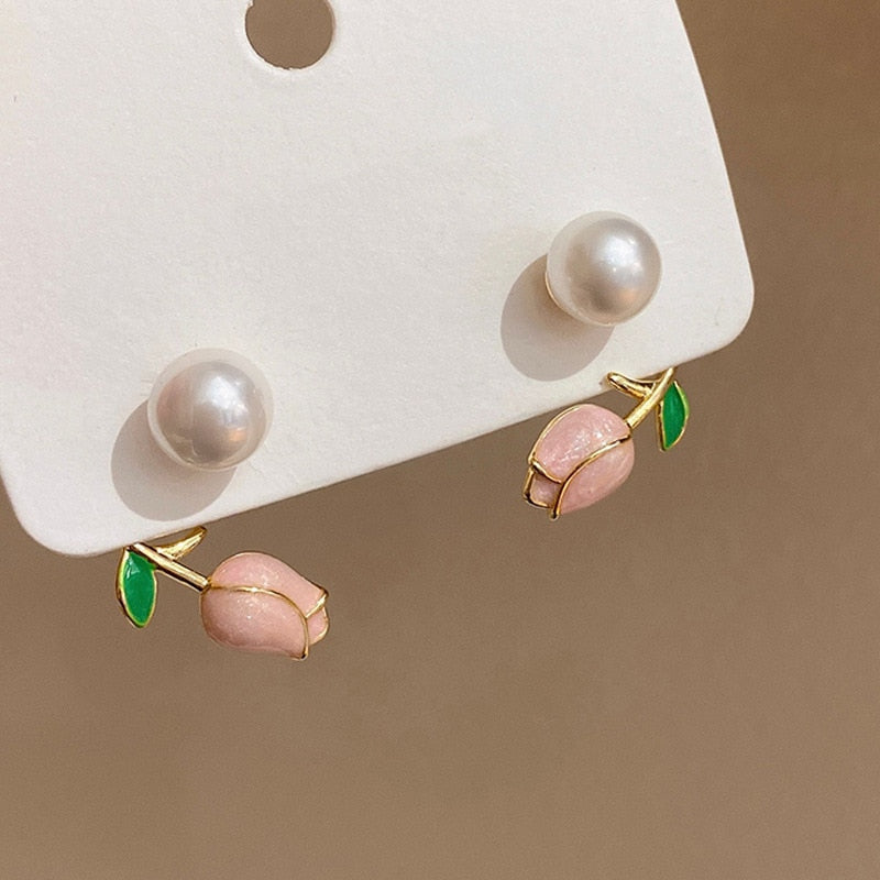 Pink Tulip Flower Pearl Stud Earrings