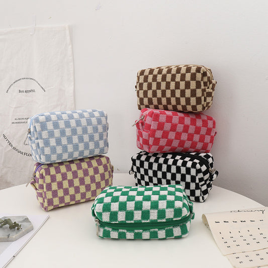 Checkered Knitted Cosmetic Case Bag