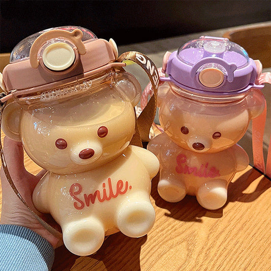 Cute Bear Water Bottle With Straw Portable Strap