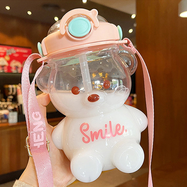 Cute Bear Water Bottle With Straw Portable Strap – HAPPY DAISY MARKET