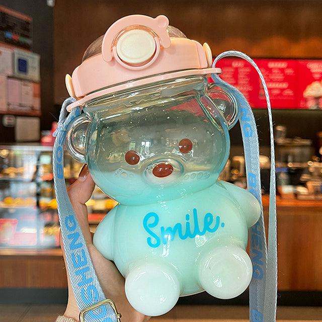 Cute Bear Water Bottle With Straw Portable Strap – HAPPY DAISY MARKET